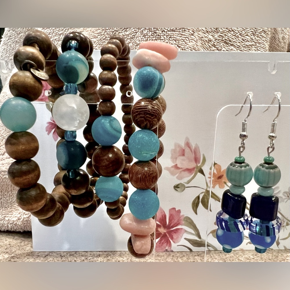 Handmade wood bead stretch bracelets and matching earrings with glass beads